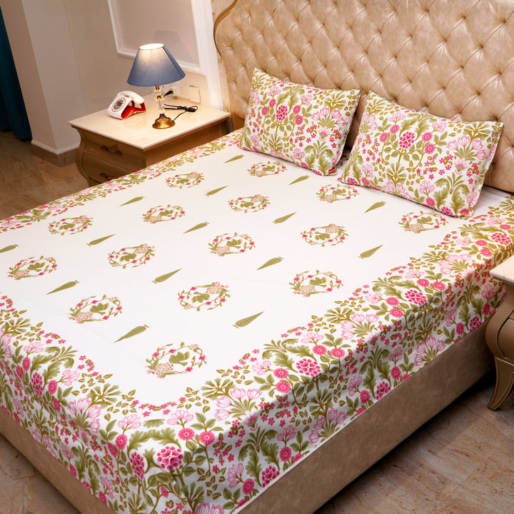 Pure Cotton Block Print Jaipuri Bedsheet - King Size 95*108 inches - Mustard Pink Floral