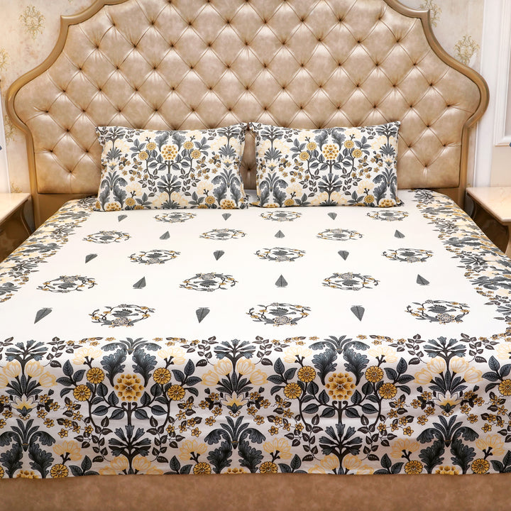 Pure Cotton Block Print Jaipuri Bedsheet - King Size 95*108 inches - Grey Yellow Floral