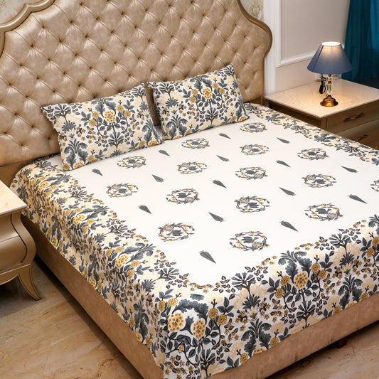 Pure Cotton Block Print Jaipuri Bedsheet - King Size 95*108 inches - Grey Yellow Floral