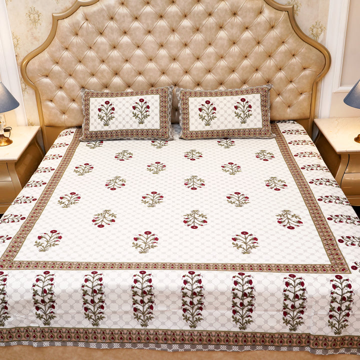 Pure Cotton Block Print Jaipuri Bedsheet - King Size 95*108 inches - Floral Motif Print