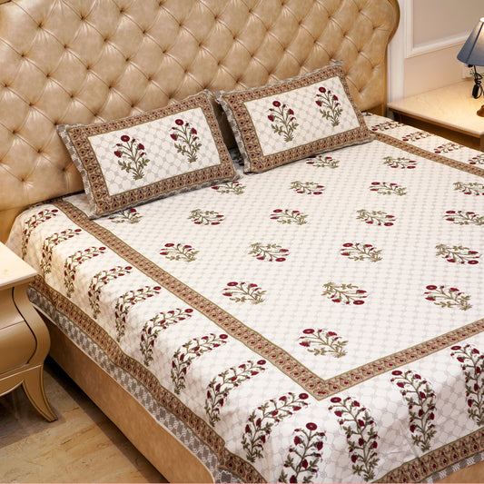 Pure Cotton Block Print Jaipuri Bedsheet - King Size 95*108 inches - Floral Motif Print