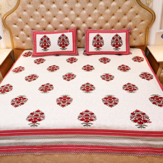 Pure Cotton Block Print Jaipuri Bedsheet - King Size 95*108 inches - Red Green Motif