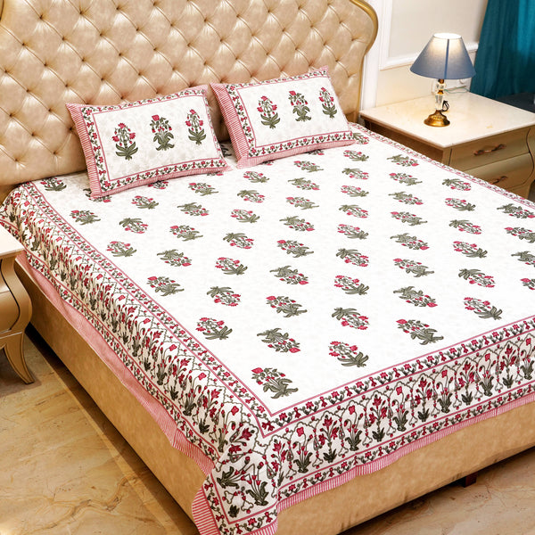 Pure Cotton Block Print Jaipuri Bedsheet - King Size 95*108 inches - Pink Daisies