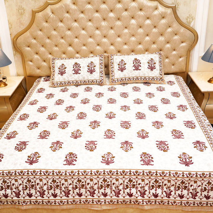 Pure Cotton Block Print Jaipuri Bedsheet - King Size 95*108 inches - Brown Daisies