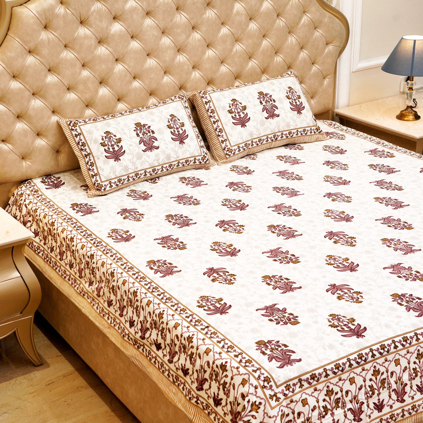 Pure Cotton Block Print Jaipuri Bedsheet - King Size 95*108 inches - Brown Daisies