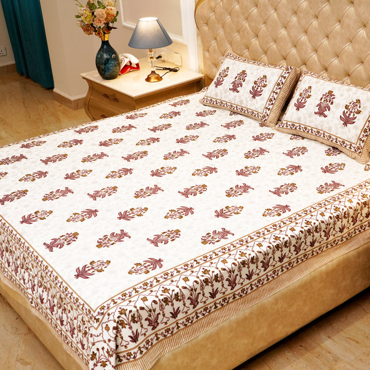 Pure Cotton Block Print Jaipuri Bedsheet - King Size 95*108 inches - Brown Daisies