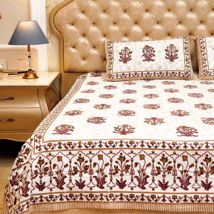 Pure Cotton Block Print Jaipuri Bedsheet - King Size 95*108 inches - Brown Daisies