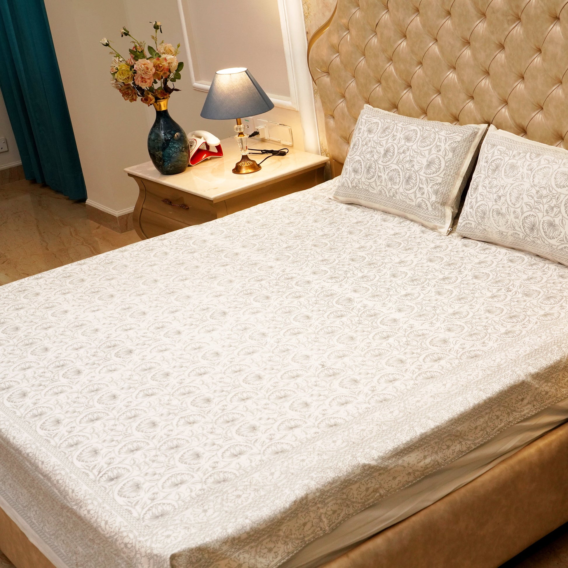 Pure Cotton Block Print Jaipuri Bedsheet - King Size 90*108 inches - Silver Flower