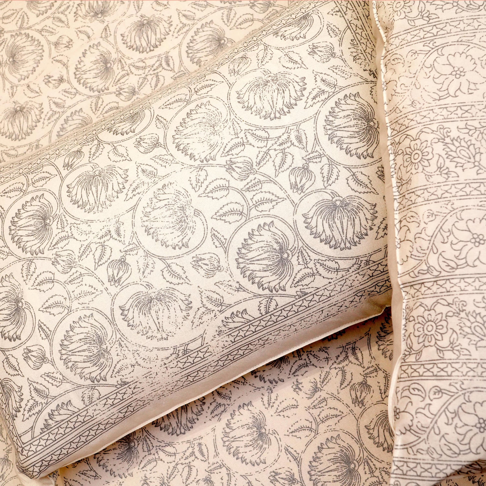 Pure Cotton Block Print Jaipuri Bedsheet - King Size 90*108 inches - Silver Flower
