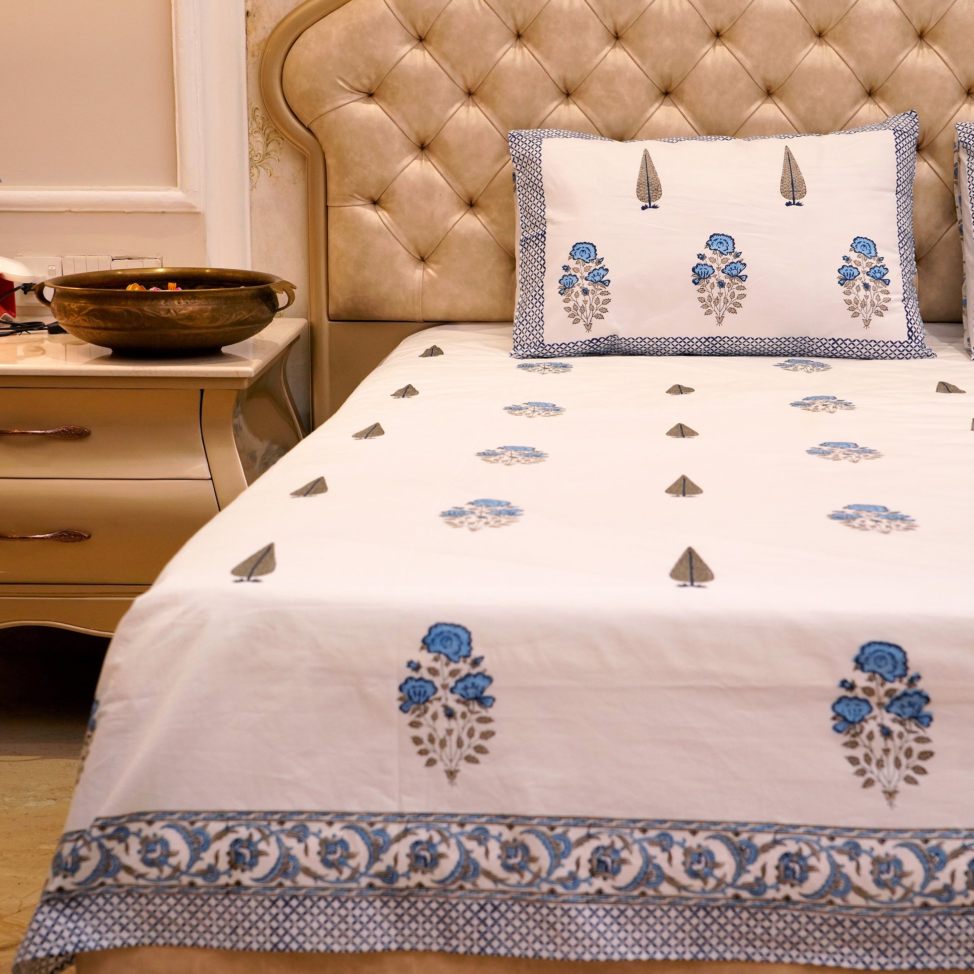 Premium Percale Cotton Real Hand Block Print Jaipuri Bedsheet - King Size - Royal Blue