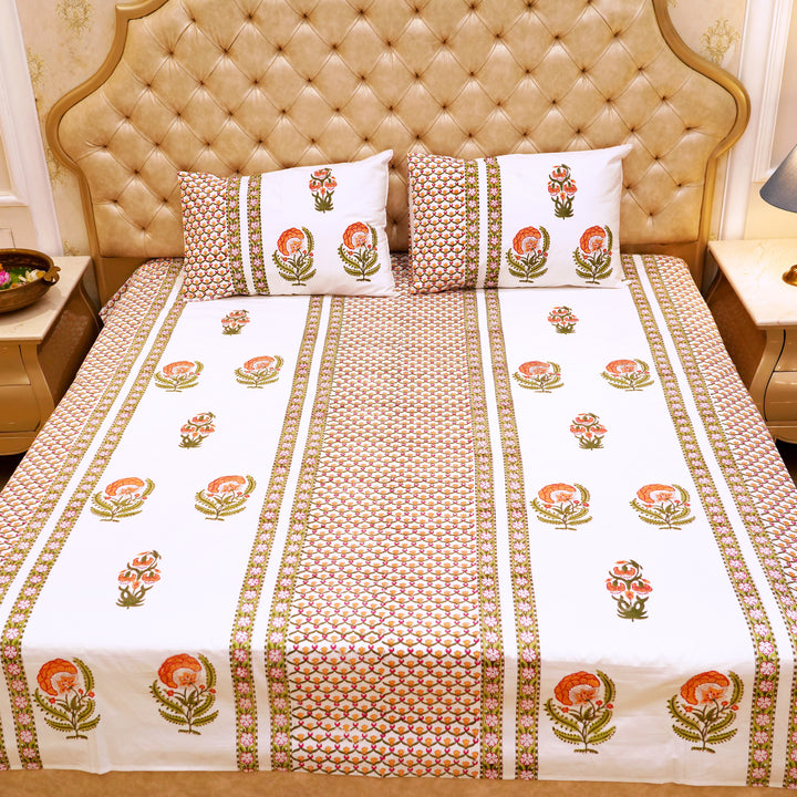 Premium Percale Cotton Real Hand Block Print Jaipuri Bedsheet - Peach Floral