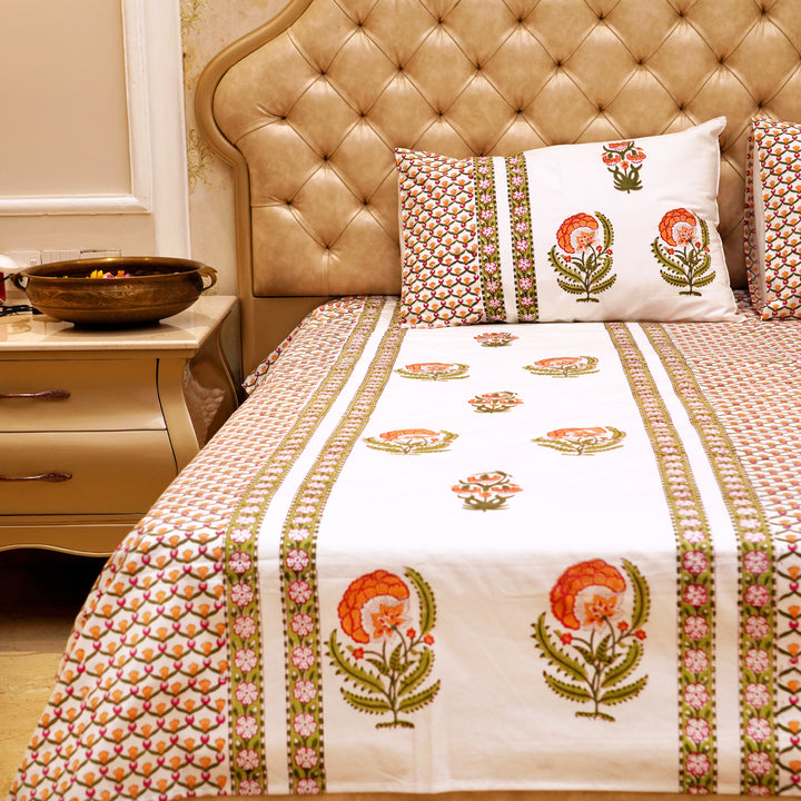 Premium Percale Cotton Real Hand Block Print Jaipuri Bedsheet - Peach Floral