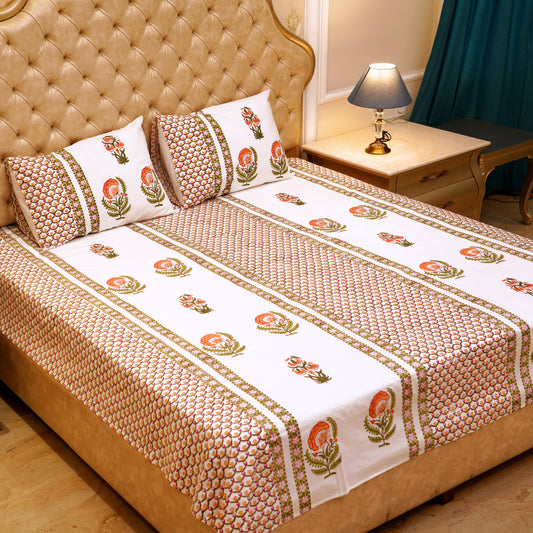 Premium Percale Cotton Real Hand Block Print Jaipuri Bedsheet - Peach Floral