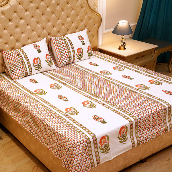 Premium Percale Cotton Real Hand Block Print Jaipuri Bedsheet - Peach Floral