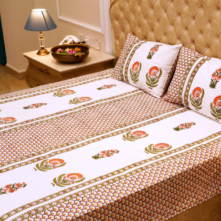 Premium Percale Cotton Real Hand Block Print Jaipuri Bedsheet - Peach Floral