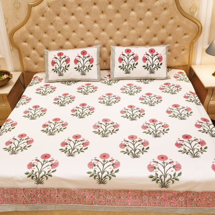 Premium Percale Cotton Real Hand Block Print Jaipuri Bedsheet - Mughal Flower