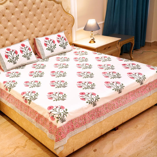 Premium Percale Cotton Real Hand Block Print Jaipuri Bedsheet - Mughal Flower