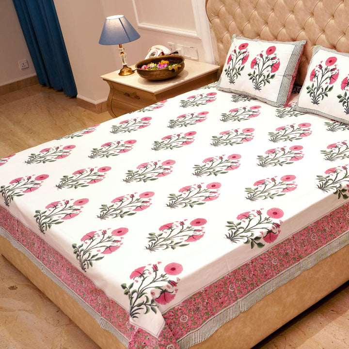 Premium Percale Cotton Real Hand Block Print Jaipuri Bedsheet - Mughal Flower