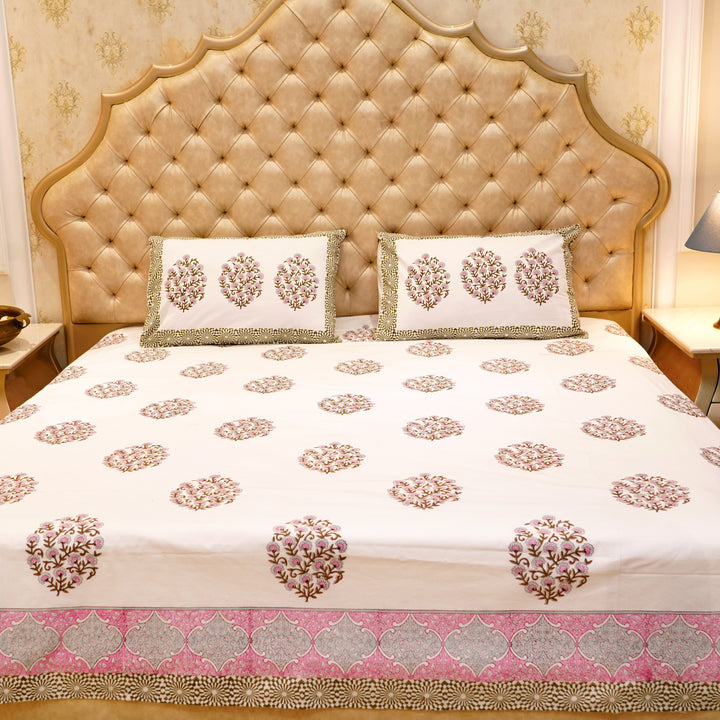 Premium Percale Cotton Real Hand Block Print Jaipuri Bedsheet - Pink Motif