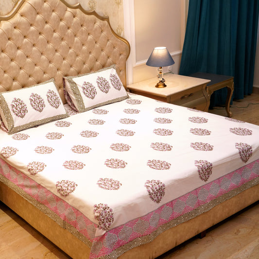 Premium Percale Cotton Real Hand Block Print Jaipuri Bedsheet - Pink Motif