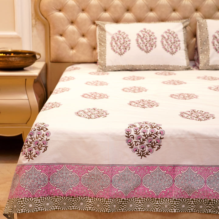 Premium Percale Cotton Real Hand Block Print Jaipuri Bedsheet - Pink Motif