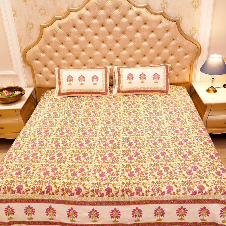 Pure Cotton Block Print Jaipuri Bedsheet - Super King Size 108*108 inches - Purple Green Floral