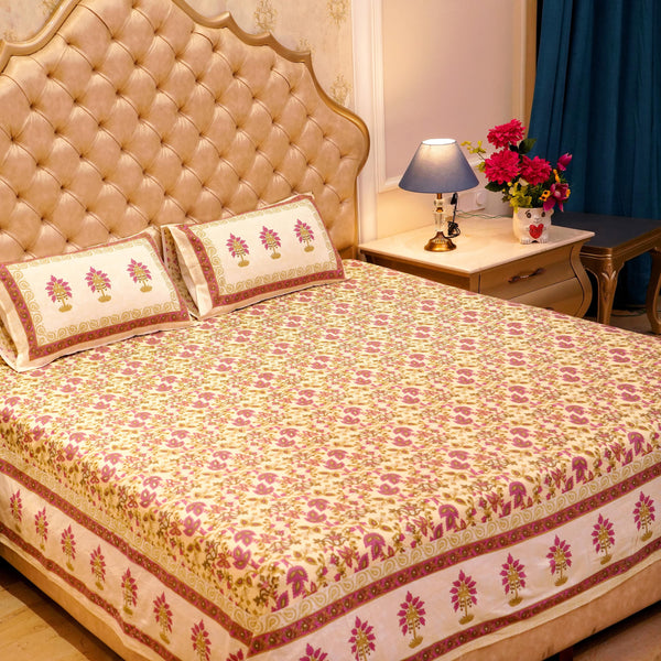 Pure Cotton Block Print Jaipuri Bedsheet - Super King Size 108*108 inches - Purple Green Floral