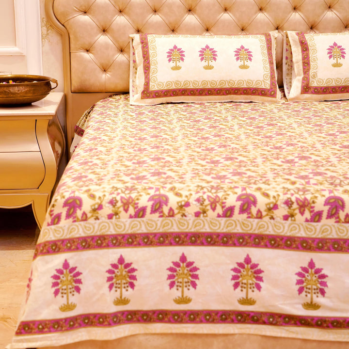 Pure Cotton Block Print Jaipuri Bedsheet - Super King Size 108*108 inches - Purple Green Floral