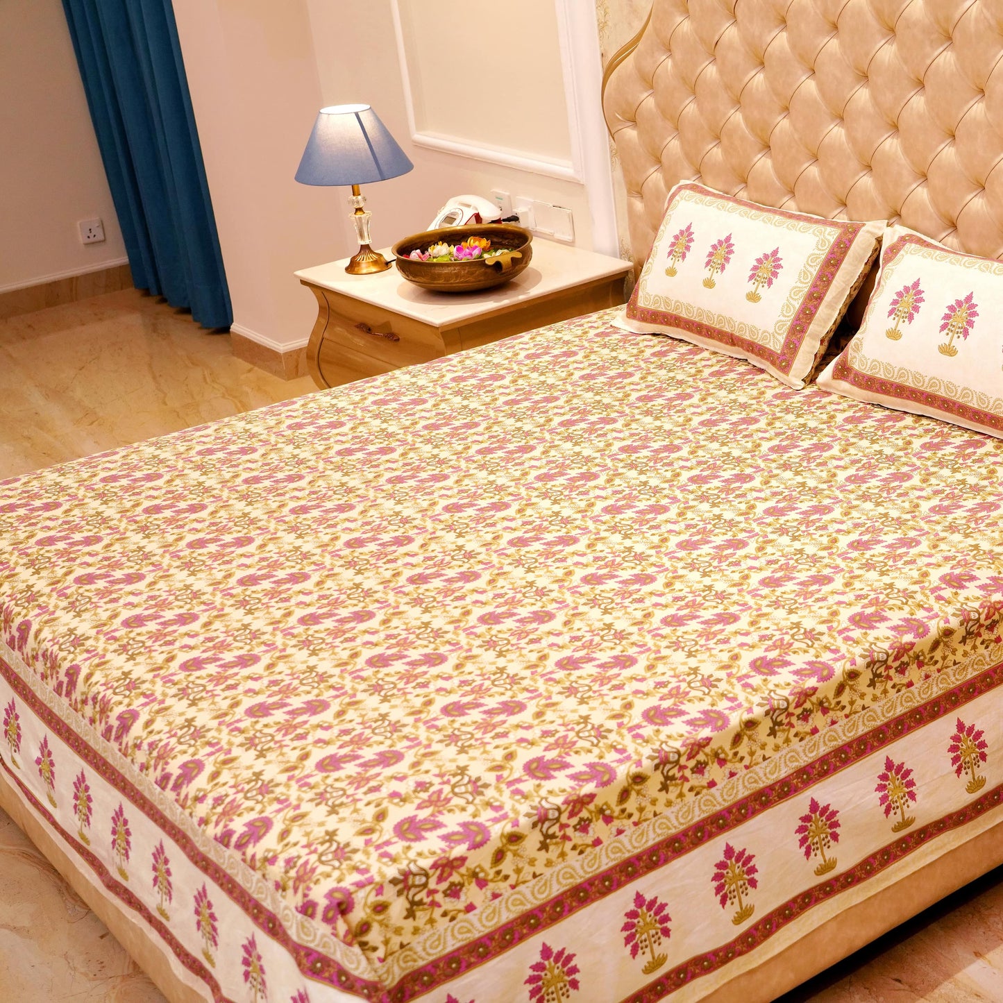 Pure Cotton Block Print Jaipuri Bedsheet - Super King Size 108*108 inches - Purple Green Floral