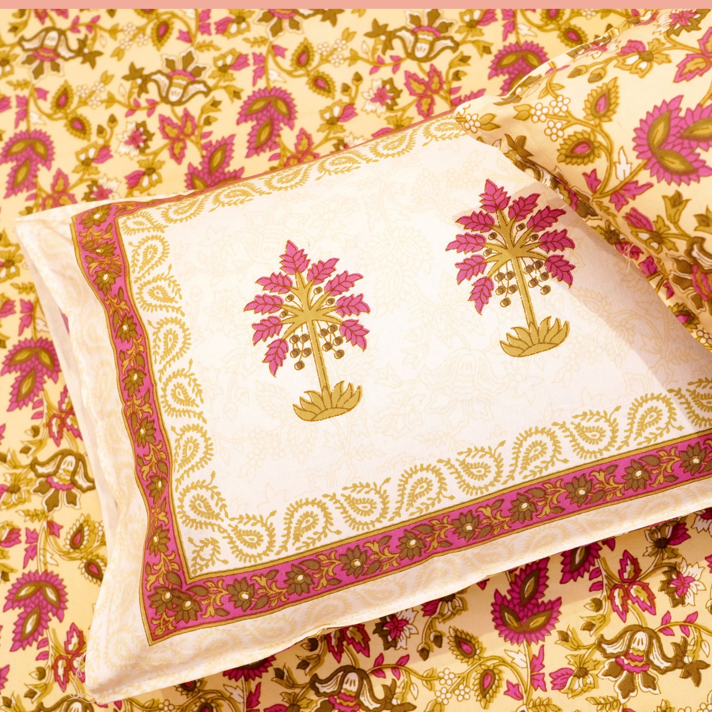 Pure Cotton Block Print Jaipuri Bedsheet - Super King Size 108*108 inches - Purple Green Floral