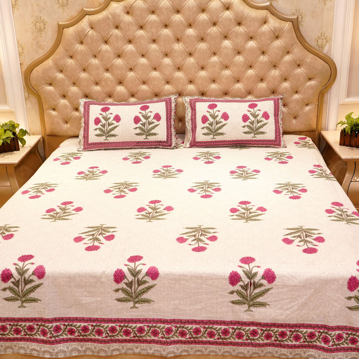 Pure Cotton Block Print Jaipuri Bedsheet - Super King Size 108*108 inches - Pink Flowers