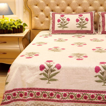 Pure Cotton Block Print Jaipuri Bedsheet - Super King Size 108*108 inches - Pink Flowers