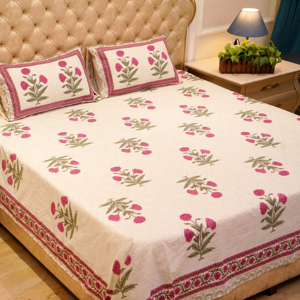 Pure Cotton Block Print Jaipuri Bedsheet - Super King Size 108*108 inches - Pink Flowers