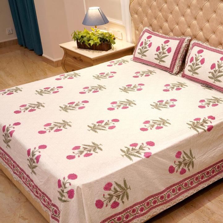 Pure Cotton Block Print Jaipuri Bedsheet - Super King Size 108*108 inches - Pink Flowers