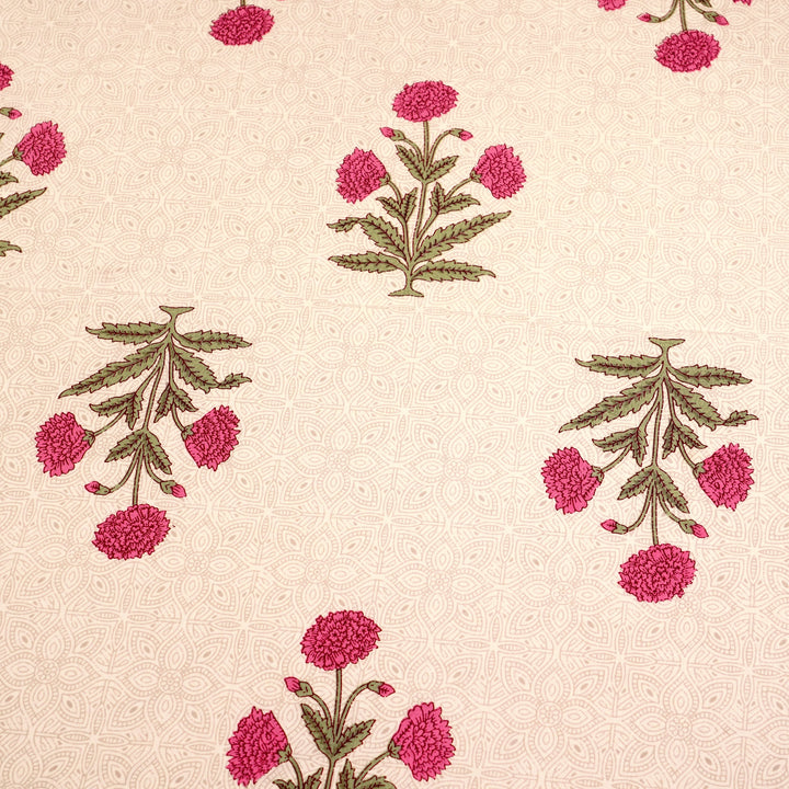 Pure Cotton Block Print Jaipuri Bedsheet - Super King Size 108*108 inches - Pink Flowers