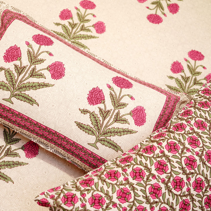 Pure Cotton Block Print Jaipuri Bedsheet - Super King Size 108*108 inches - Pink Flowers