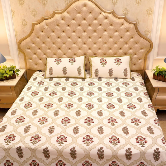 Pure Cotton Block Print Jaipuri Bedsheet - Super King Size 108*108 inches - Floral Bunch
