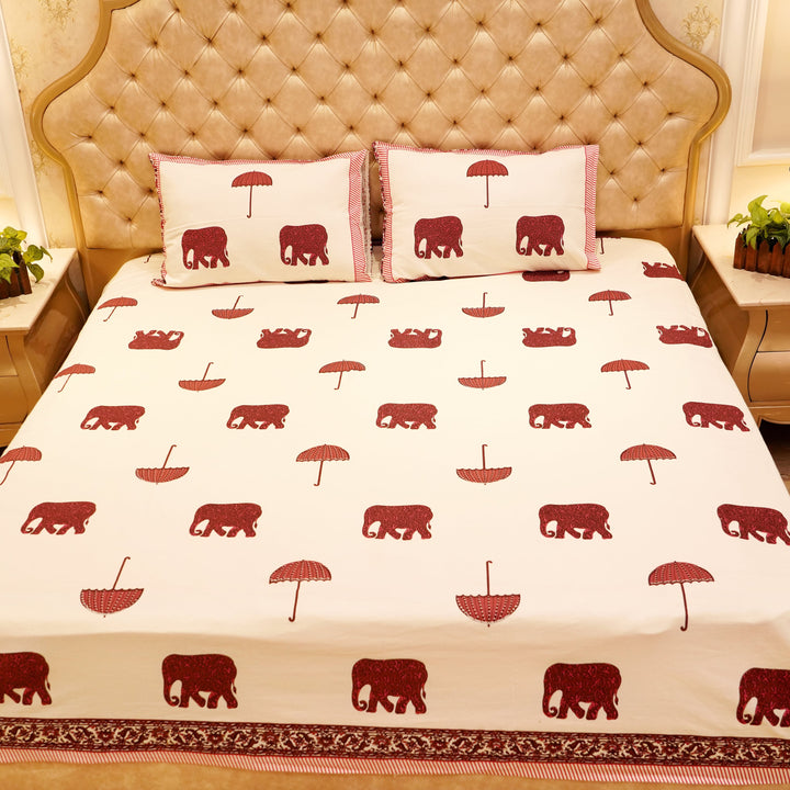 Pure Cotton Block Print Jaipuri Bedsheet - Super King Size 108*108 inches - Elephant & Umbrella Print - Maroon