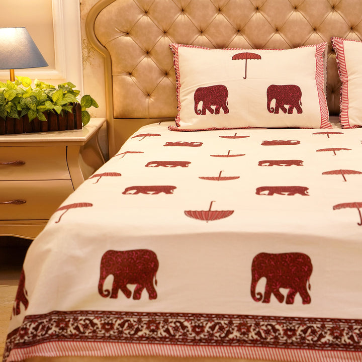 Pure Cotton Block Print Jaipuri Bedsheet - Super King Size 108*108 inches - Elephant & Umbrella Print - Maroon