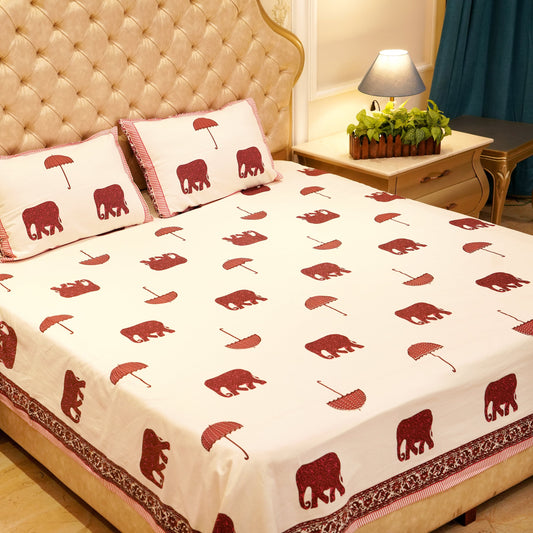 Pure Cotton Block Print Jaipuri Bedsheet - Super King Size 108*108 inches - Elephant & Umbrella Print - Maroon