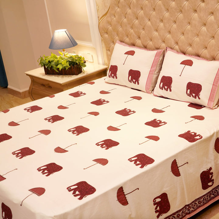 Pure Cotton Block Print Jaipuri Bedsheet - Super King Size 108*108 inches - Elephant & Umbrella Print - Maroon