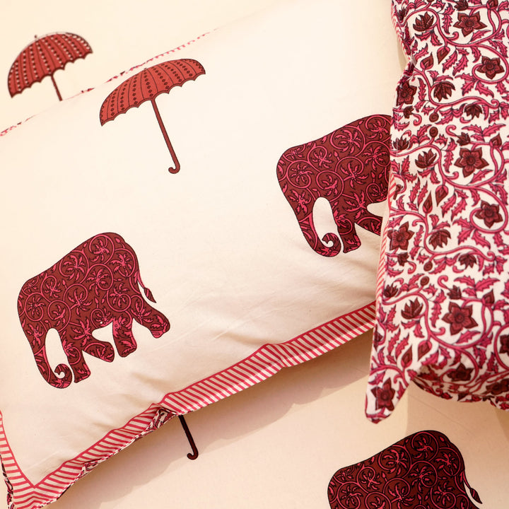 Pure Cotton Block Print Jaipuri Bedsheet - Super King Size 108*108 inches - Elephant & Umbrella Print - Maroon