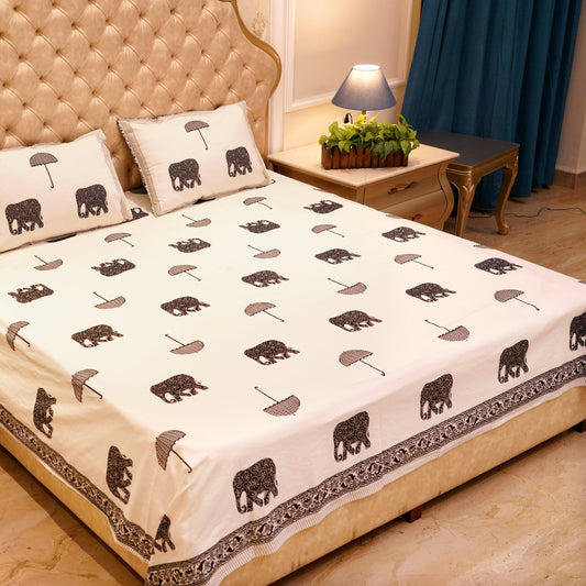 Pure Cotton Block Print Jaipuri Bedsheet - Super King Size 108*108 inches - Elephant & Umbrella Print - Grey