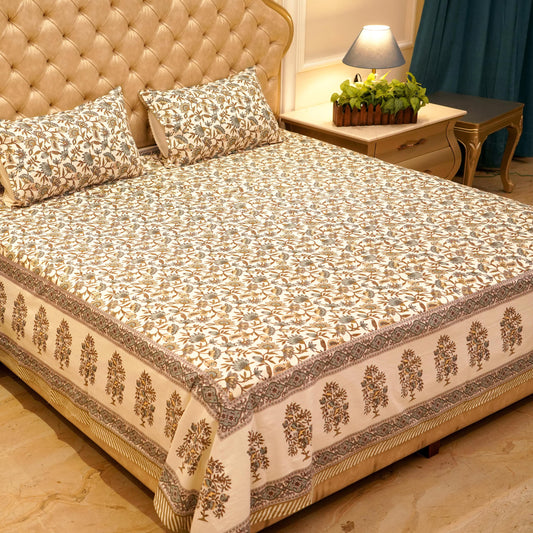 Pure Cotton Block Print Jaipuri Bedsheet - Super King Size 108*108 inches - Ivory Printed - Mustard Grey