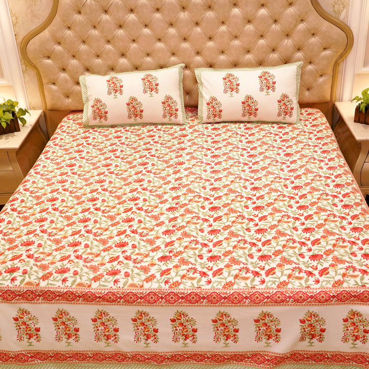 Pure Cotton Block Print Jaipuri Bedsheet - Super King Size 108*108 inches - Ivory Printed - Orange Green