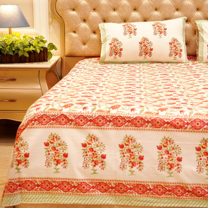 Pure Cotton Block Print Jaipuri Bedsheet - Super King Size 108*108 inches - Ivory Printed - Orange Green