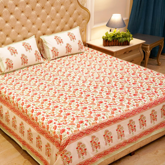 Pure Cotton Block Print Jaipuri Bedsheet - Super King Size 108*108 inches - Ivory Printed - Orange Green