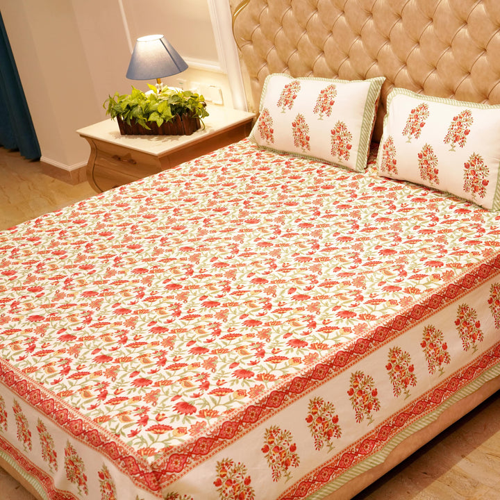 Pure Cotton Block Print Jaipuri Bedsheet - Super King Size 108*108 inches - Ivory Printed - Orange Green