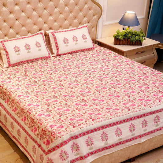 Pure Cotton Block Print Jaipuri Bedsheet - Super King Size 108*108 inches - Pink Green Floral