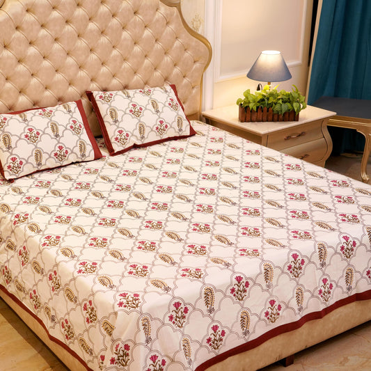 Pure Cotton Block Print Jaipuri Bedsheet - Super King Size 108*108 inches - Trellis Flower - Maroon Yellow